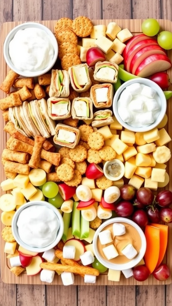 Colorful Kid-Friendly Snack Board A vibrant kid-friendly snack board with mini sandwiches, cheese, fruits, and playful snacks, perfect for children.